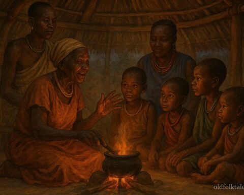Traditional Bari family gathered around a clay hearth sharing a meal and stories in a South Sudanese home.