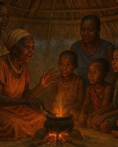 Traditional Bari family gathered around a clay hearth sharing a meal and stories in a South Sudanese home.