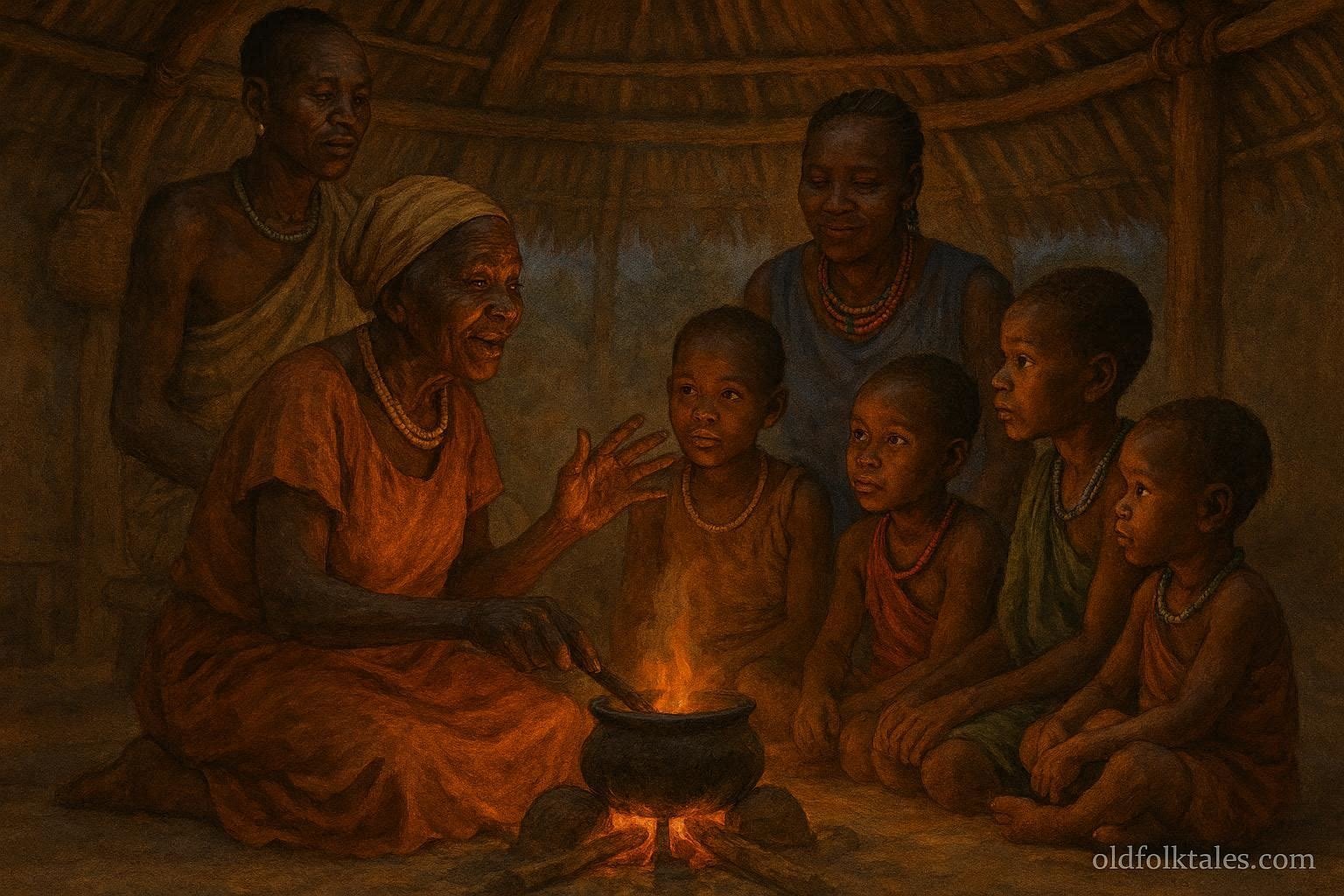 Traditional Bari family gathered around a clay hearth sharing a meal and stories in a South Sudanese home.