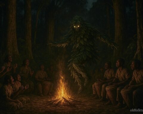The sacred Dzengi ceremony with BaAka drummers and a leaf covered ceremonial figure in a Congo Basin rainforest.