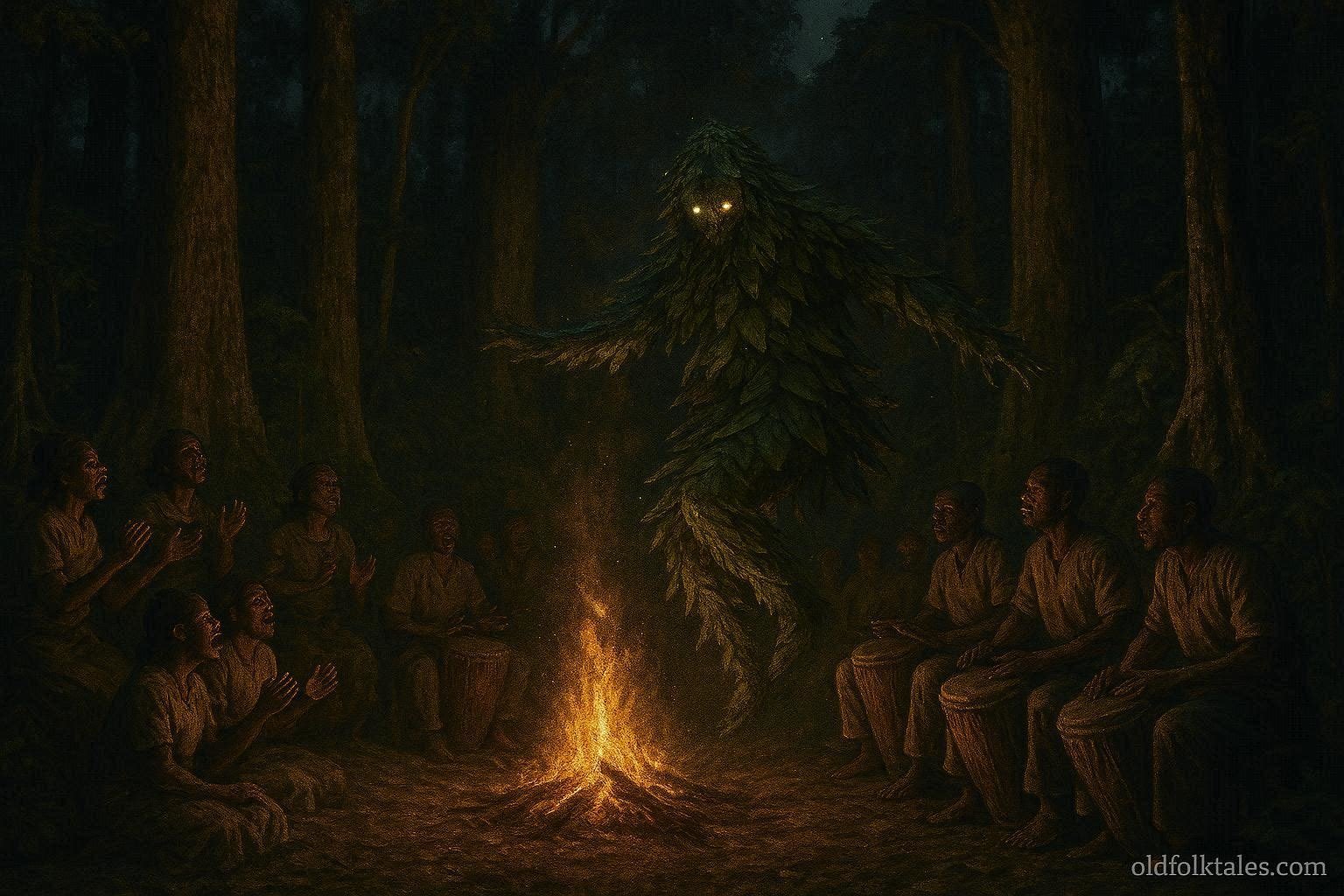 The sacred Dzengi ceremony with BaAka drummers and a leaf covered ceremonial figure in a Congo Basin rainforest.