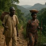 Tem and Ifè villagers traveling together along an ancient mountain path in the Fazao Mountains of Togo.