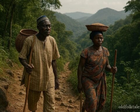 Tem and Ifè villagers traveling together along an ancient mountain path in the Fazao Mountains of Togo.