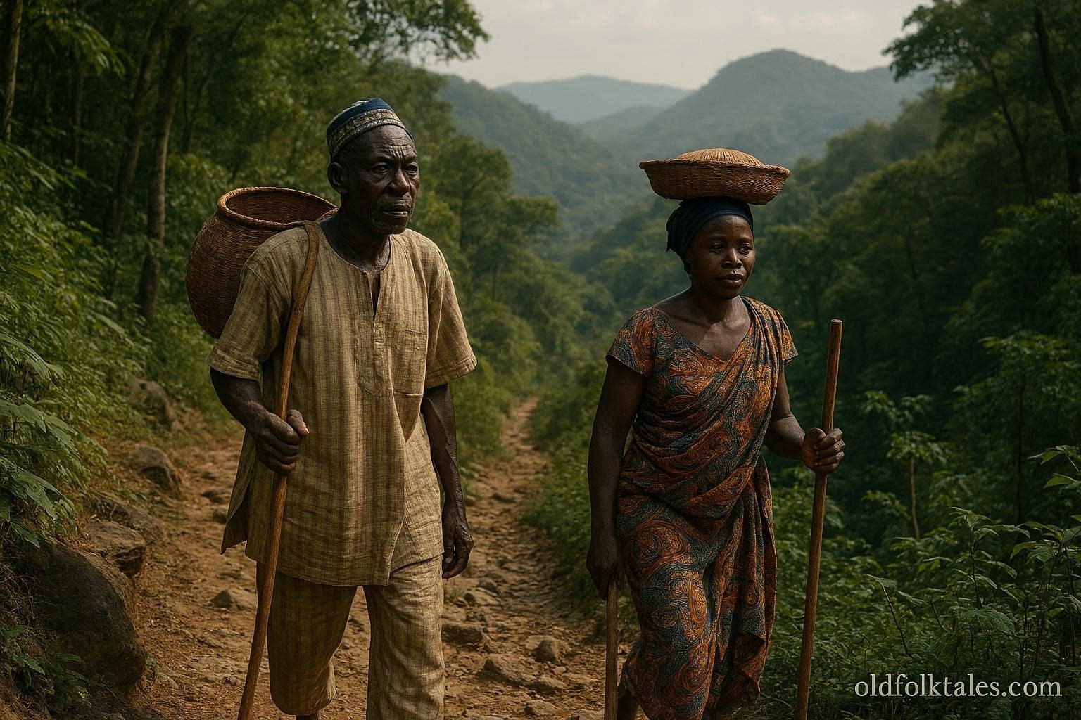 Tem and Ifè villagers traveling together along an ancient mountain path in the Fazao Mountains of Togo.