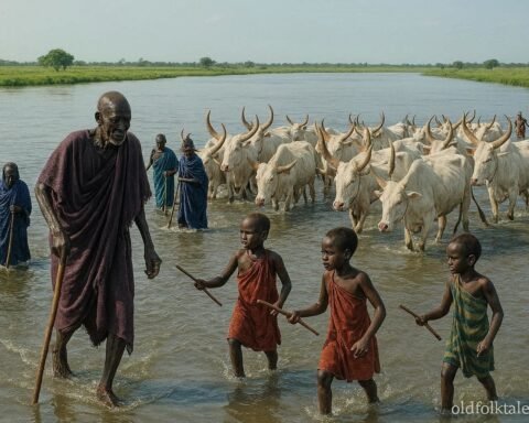 Dinka families crossing the Bahr el Ghazal River with cattle during a seasonal migration in South Sudan.