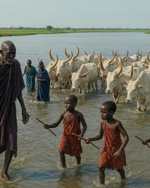 Dinka families crossing the Bahr el Ghazal River with cattle during a seasonal migration in South Sudan.