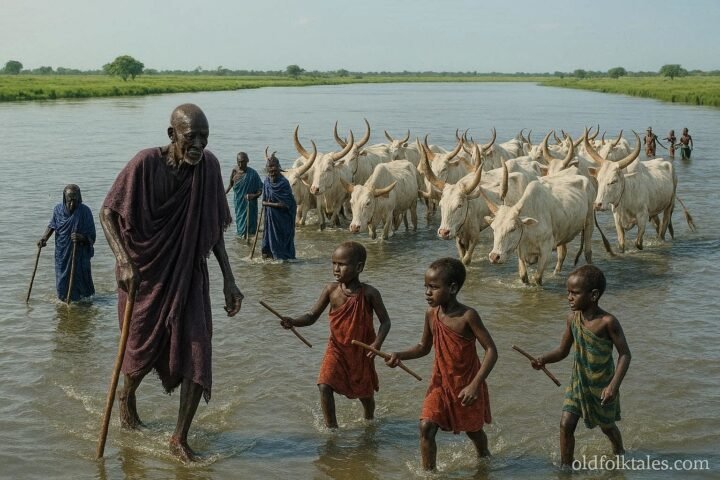 Dinka families crossing the Bahr el Ghazal River with cattle during a seasonal migration in South Sudan.