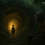 Young Luvale boy standing before the sacred Echoing Cave hidden in the forests of northwestern Zambia.