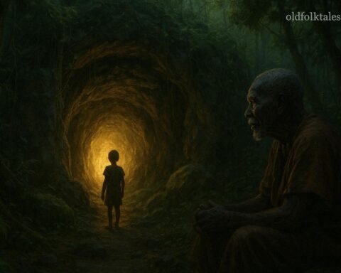 Young Luvale boy standing before the sacred Echoing Cave hidden in the forests of northwestern Zambia.