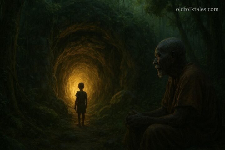 Young Luvale boy standing before the sacred Echoing Cave hidden in the forests of northwestern Zambia.