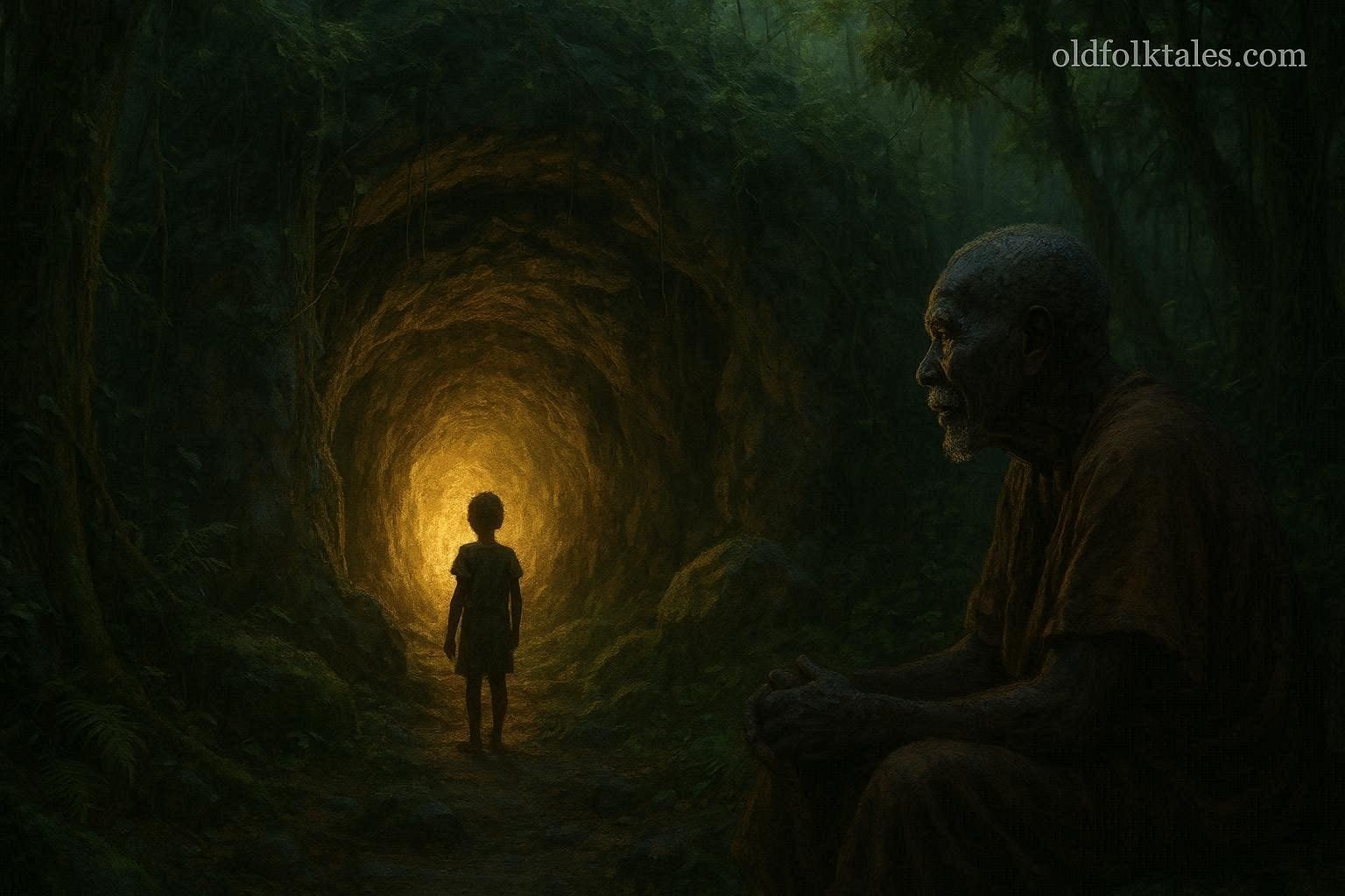 Young Luvale boy standing before the sacred Echoing Cave hidden in the forests of northwestern Zambia.