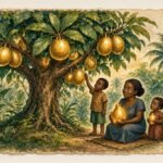 Parchment style illustration of a magical breadfruit tree providing fruit to a humble Seychellois family in a tropical forest.