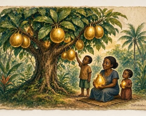 Parchment style illustration of a magical breadfruit tree providing fruit to a humble Seychellois family in a tropical forest.