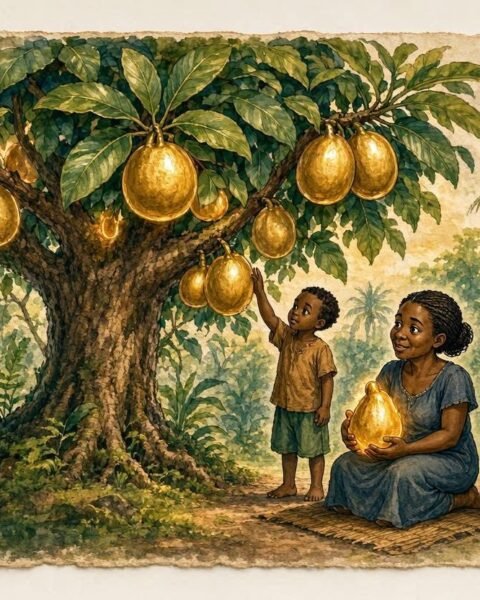 Parchment style illustration of a magical breadfruit tree providing fruit to a humble Seychellois family in a tropical forest.