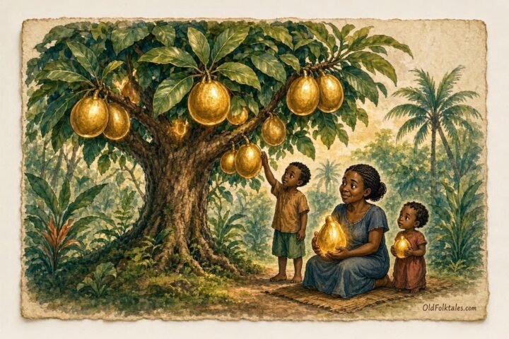 Parchment style illustration of a magical breadfruit tree providing fruit to a humble Seychellois family in a tropical forest.