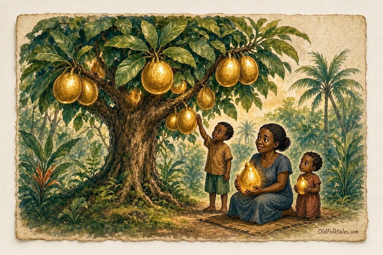 Parchment style illustration of a magical breadfruit tree providing fruit to a humble Seychellois family in a tropical forest.