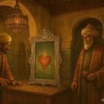 A wealthy merchant looks into an enchanted glass inside a traditional Moroccan palace as a wise Sultan watches, revealing the truth hidden within his heart.