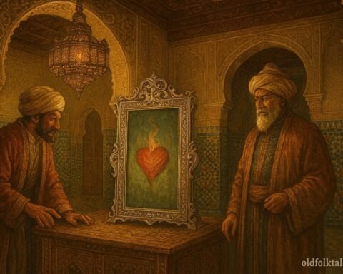 A wealthy merchant looks into an enchanted glass inside a traditional Moroccan palace as a wise Sultan watches, revealing the truth hidden within his heart.