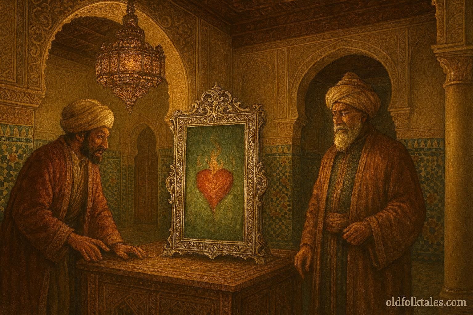 A wealthy merchant looks into an enchanted glass inside a traditional Moroccan palace as a wise Sultan watches, revealing the truth hidden within his heart.