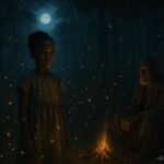 Young Lunda girl surrounded by glowing fireflies in a moonlit forest as an elder shares an ancestral legend.