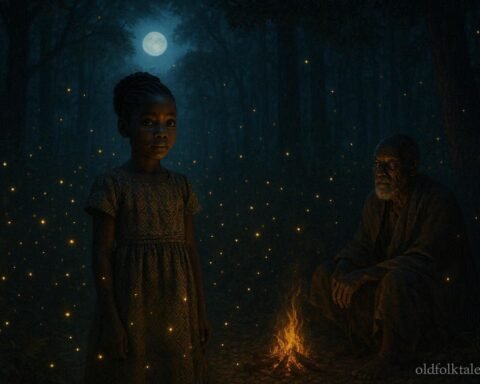 Young Lunda girl surrounded by glowing fireflies in a moonlit forest as an elder shares an ancestral legend.