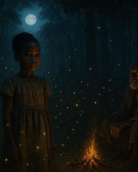 Young Lunda girl surrounded by glowing fireflies in a moonlit forest as an elder shares an ancestral legend.
