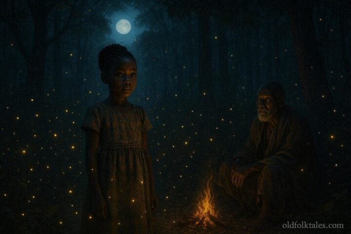 Young Lunda girl surrounded by glowing fireflies in a moonlit forest as an elder shares an ancestral legend.
