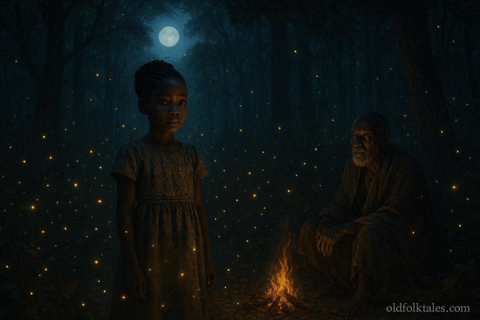 Young Lunda girl surrounded by glowing fireflies in a moonlit forest as an elder shares an ancestral legend.