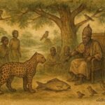 Parchment style artwork of King Eyo judging Fish and Leopard in an Efik folktale from Southern Nigeria.