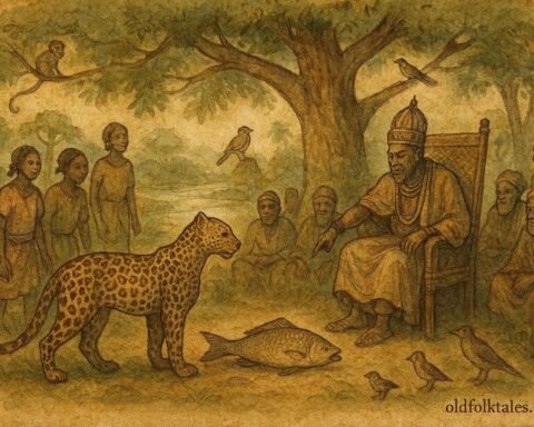Parchment style artwork of King Eyo judging Fish and Leopard in an Efik folktale from Southern Nigeria.