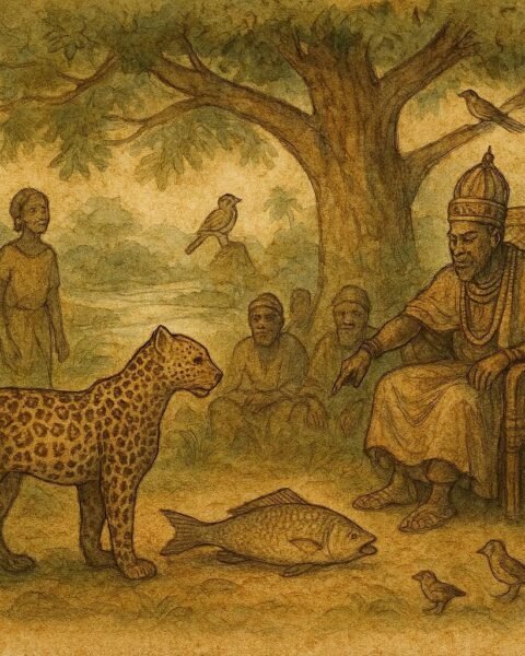 Parchment style artwork of King Eyo judging Fish and Leopard in an Efik folktale from Southern Nigeria.