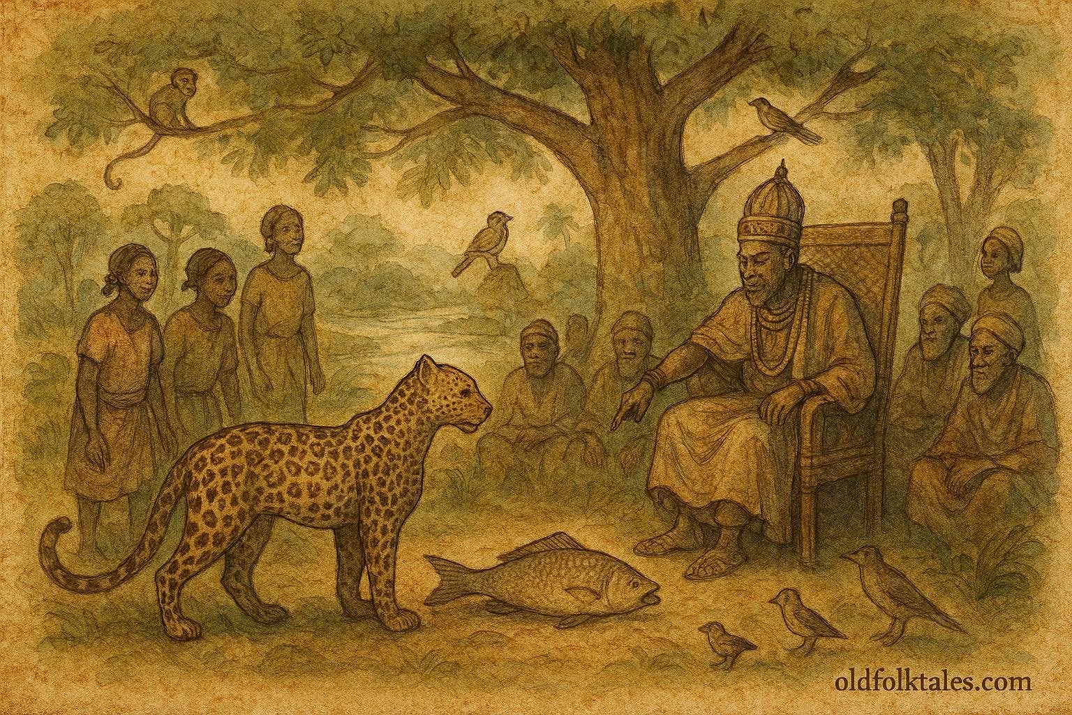 Parchment style artwork of King Eyo judging Fish and Leopard in an Efik folktale from Southern Nigeria.