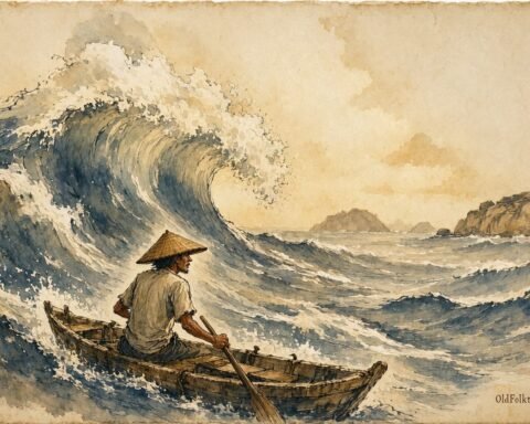 Parchment-style illustration of a Seychellois fisherman battling a fierce storm on the Indian Ocean.