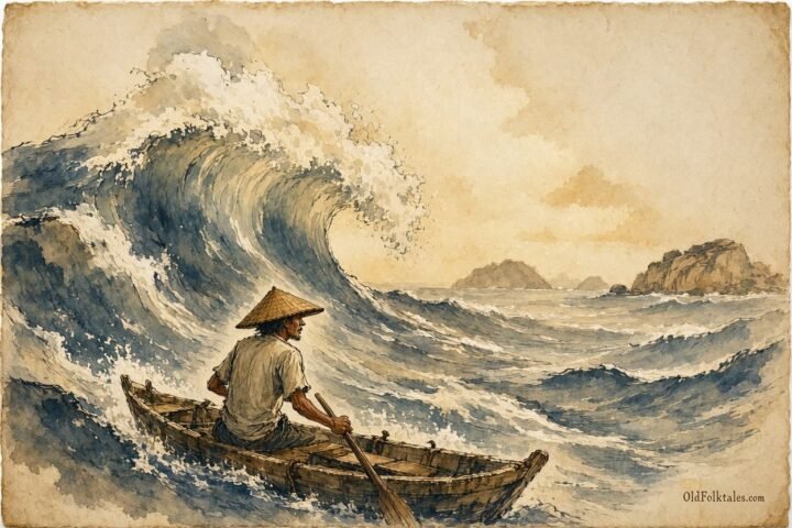 Parchment-style illustration of a Seychellois fisherman battling a fierce storm on the Indian Ocean.