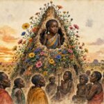 Parchment style illustration of a mysterious girl emerging from a sacred termite mound before villagers in southern Angola.