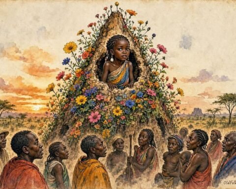 Parchment style illustration of a mysterious girl emerging from a sacred termite mound before villagers in southern Angola.