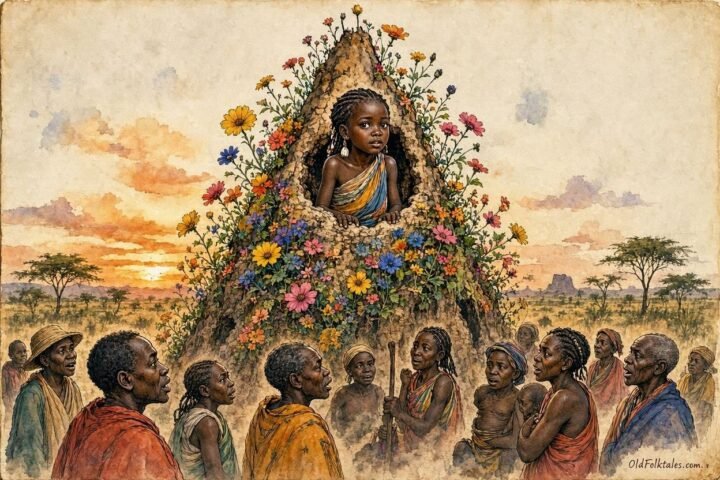 Parchment style illustration of a mysterious girl emerging from a sacred termite mound before villagers in southern Angola.