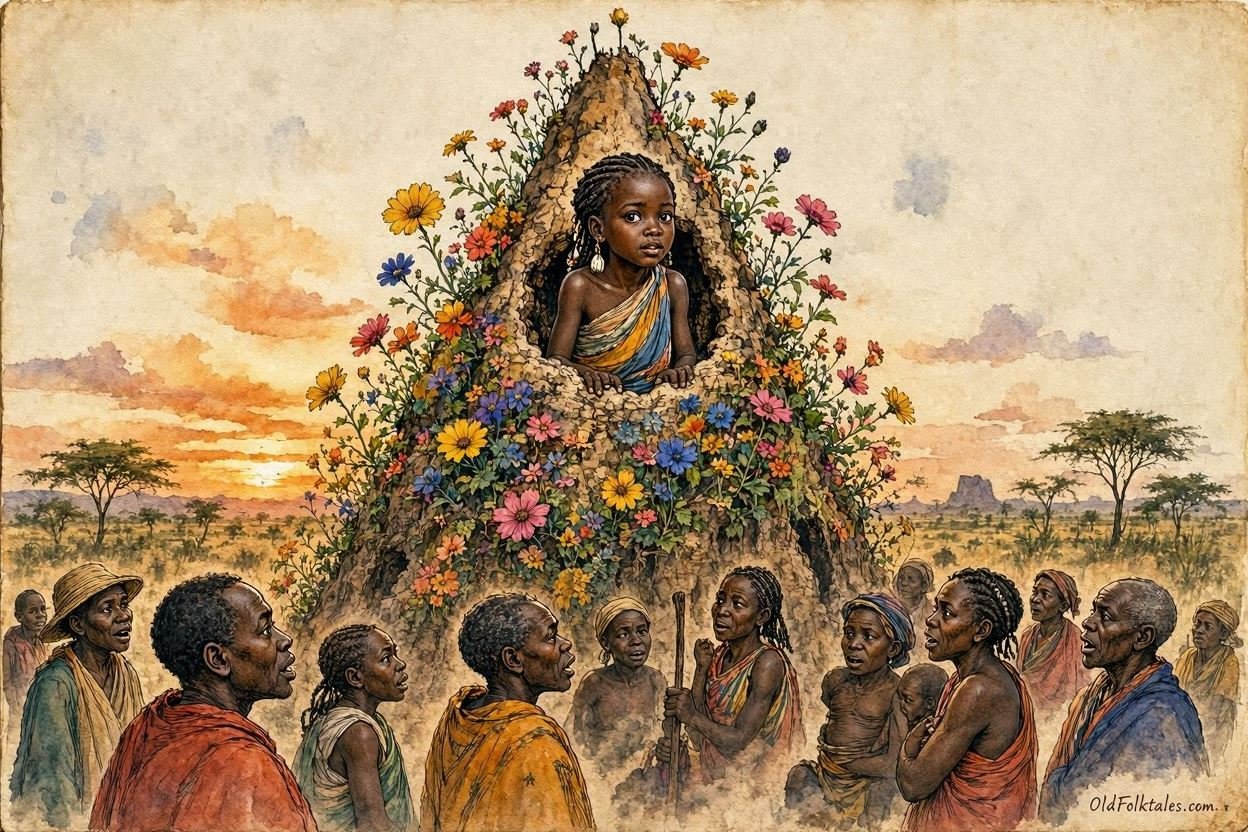 Parchment style illustration of a mysterious girl emerging from a sacred termite mound before villagers in southern Angola.