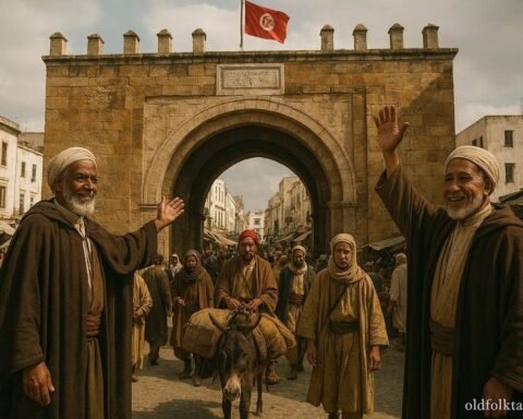 Historic gatekeepers welcoming merchants and travelers at Bab Bhar in the Medina of Tunis.