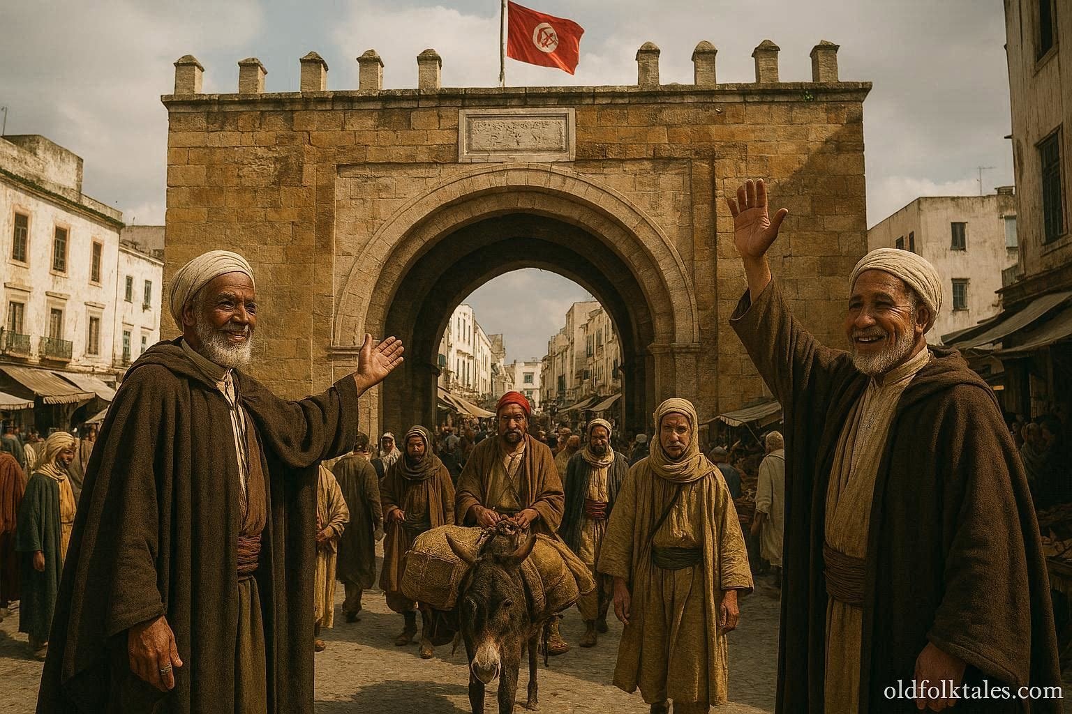 Historic gatekeepers welcoming merchants and travelers at Bab Bhar in the Medina of Tunis.
