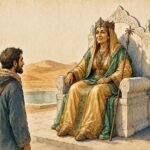 Parchment style illustration of the Desert Queen welcoming a humble traveler into her hidden oasis palace in the Sahara.