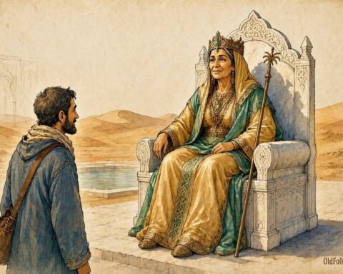 Parchment style illustration of the Desert Queen welcoming a humble traveler into her hidden oasis palace in the Sahara.