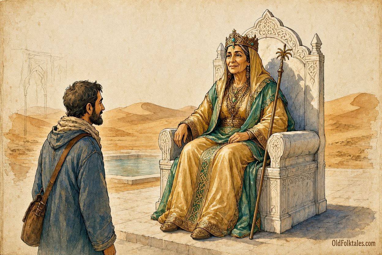 Parchment style illustration of the Desert Queen welcoming a humble traveler into her hidden oasis palace in the Sahara.
