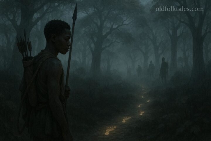Young Bisa hunter following mysterious glowing footprints through the forests of the Muchinga Hills.