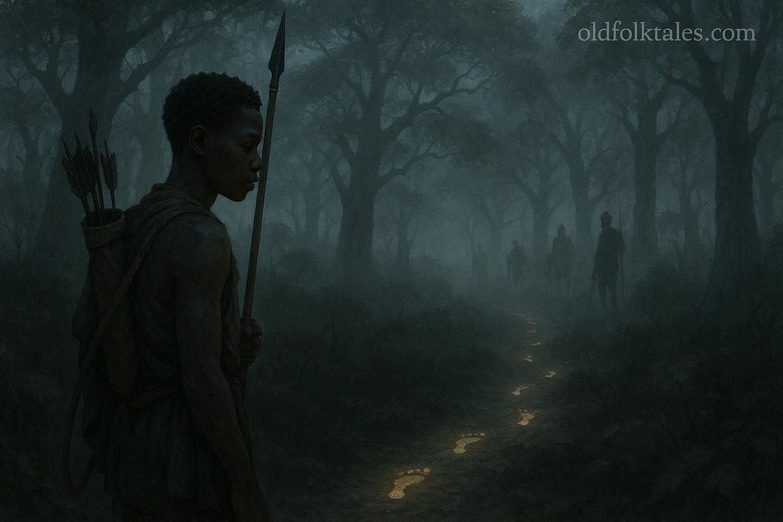 Young Bisa hunter following mysterious glowing footprints through the forests of the Muchinga Hills.