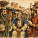 Parchment style illustration of a Jewish merchant and a Town Crier standing before a wise judge in a traditional Moroccan marketplace.