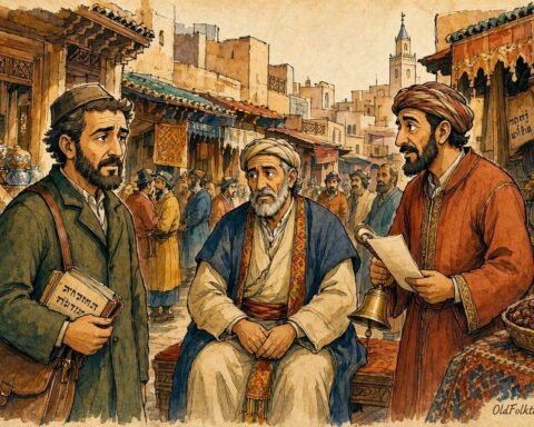Parchment style illustration of a Jewish merchant and a Town Crier standing before a wise judge in a traditional Moroccan marketplace.