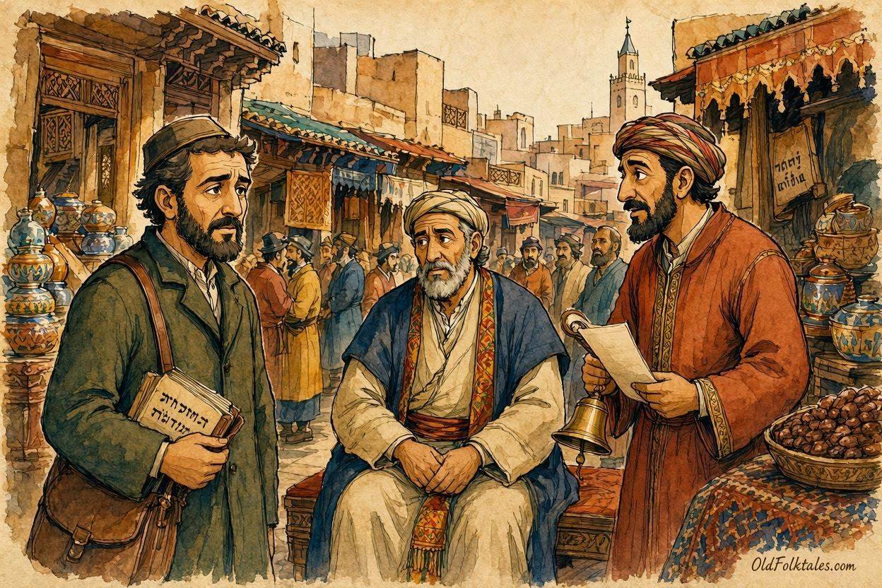 Parchment style illustration of a Jewish merchant and a Town Crier standing before a wise judge in a traditional Moroccan marketplace.