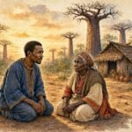 Parchment style illustration of a Mbundu king humbly apologizing to the elderly woman who once saved his life in an Angolan forest.