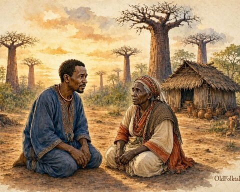Parchment style illustration of a Mbundu king humbly apologizing to the elderly woman who once saved his life in an Angolan forest.